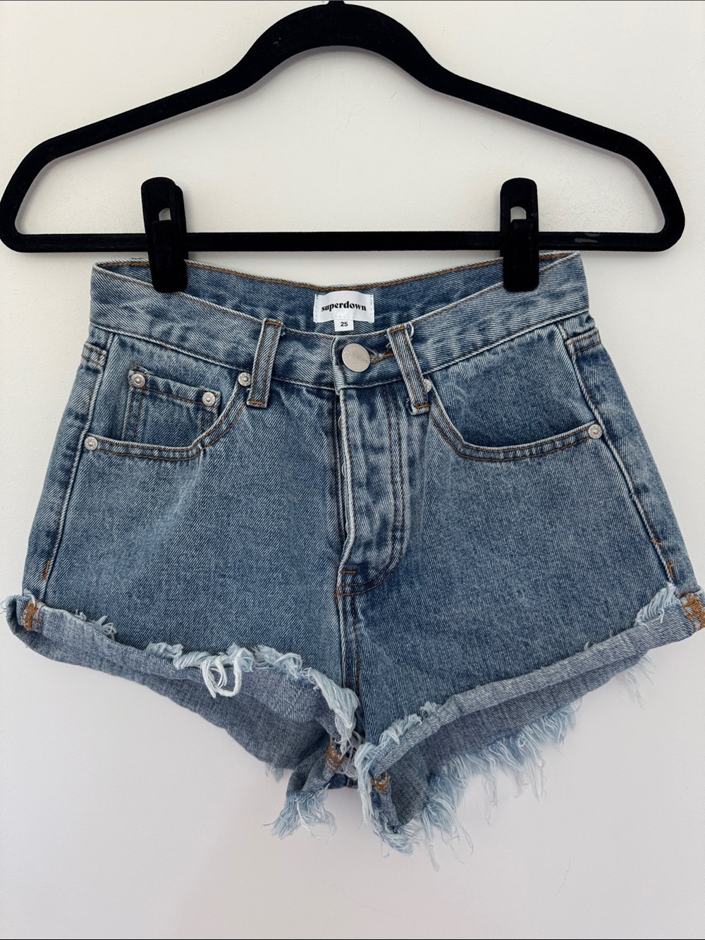 Superdown Light Blue High-Rise Frayed Hem Denim Shorts- Size 25